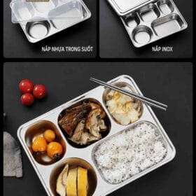 Chất liệu inox 304 201 cao cấp Khay Cơm 4 Ngăn Sâu Lòng Inox 201 Có Nắp Đậy