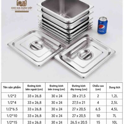 Khay Inox GN 1/2 Đựng Topping 32.5x26.5cm Cao 6.5cm