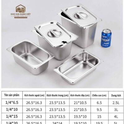 Khay Inox GN 1/4 Đựng Topping 26.5x16.2cm Cao 15cm